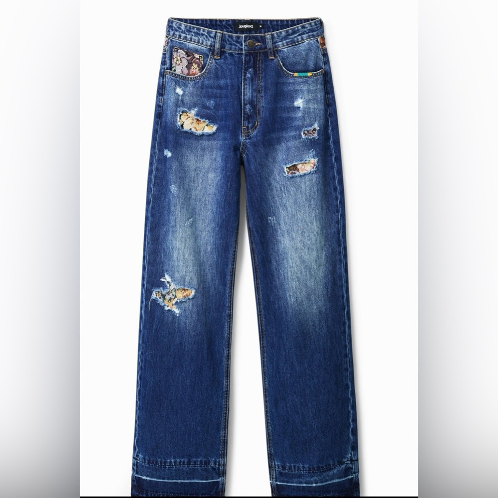 Desigual Women’s Wide Leg Jeans Size 38 Distressed Jacquard Patches  Raw Hem